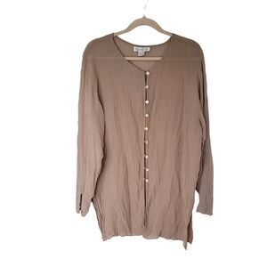 Vintage Societe Silk Button Front Relaxed Fit Tunic Top Light Brown
